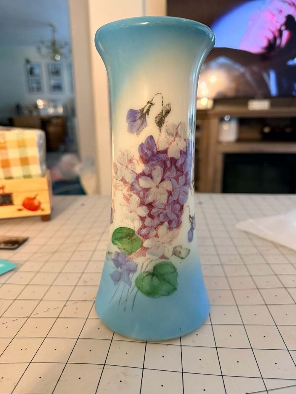 Vintage Hand-Painted Blue and White Bristol Glass Floral Vase